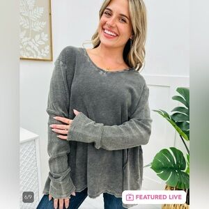 Easel Mineral Wash Thermal Waffle Knit Tunic Top